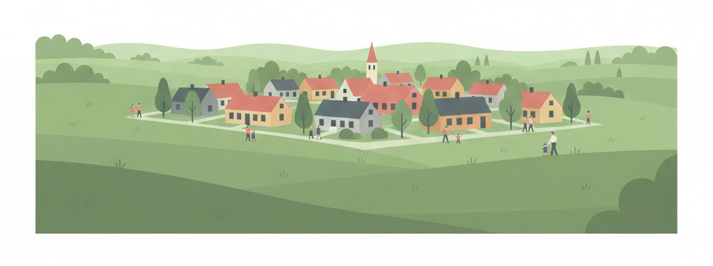 Illustratieve weergave van het centrum van Billund met huizen en groen